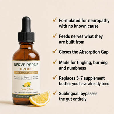 Medusae Nerve Repair Drops for idiopathic neuropathy: formulated for neuropathy with no known cause, feeds nerves what they are built from, closes the Absorption Gap, made for tingling burning and numbness, replaces 5-7 supplement bottles, sublingual