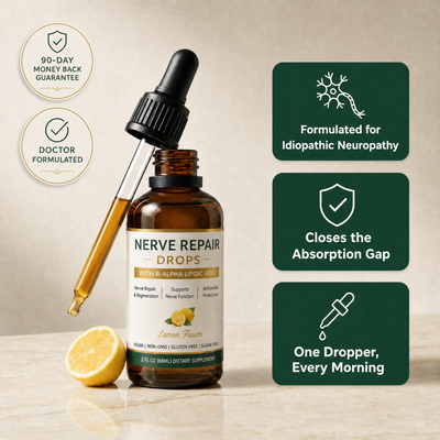 Medusae Nerve Repair Drops for idiopathic neuropathy: formulated for idiopathic neuropathy, closes the Absorption Gap, one dropper every morning, 90-day money back guarantee, doctor formulated