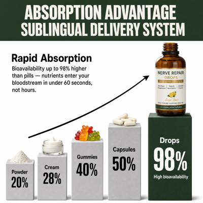 Medusae Nerve Repair Drops absorption advantage chart: powder 20%, cream 28%, gummies 40%, capsules 50%, sublingual drops 98% bioavailability